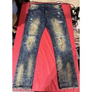 AKOO Mens Distressed Streetwear Denim Jeans 36x34 Ripped Tinted Blue